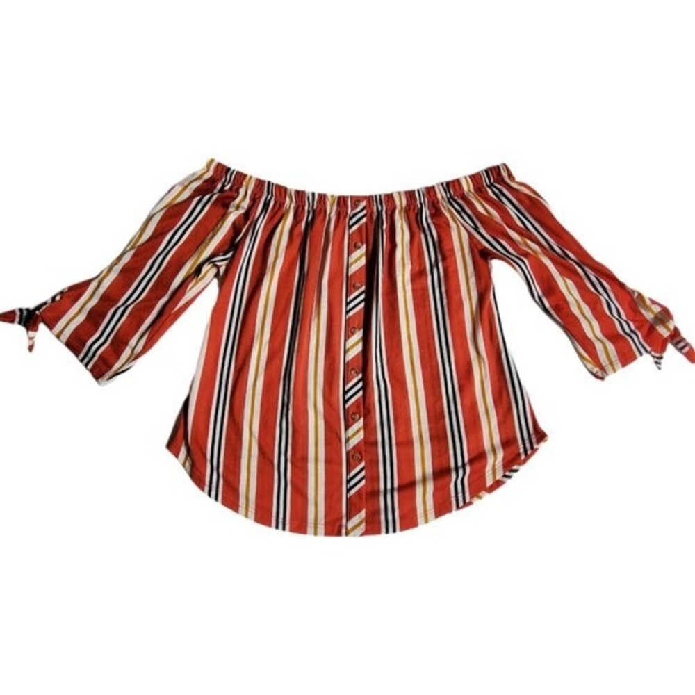 Rue21 red-orange white black yellow off the shoulder 3/4 tie sleeve top sz XL